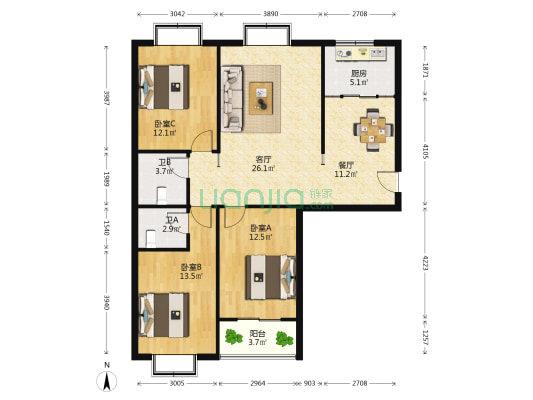 星河湾花园 3室2厅2卫 125平方
