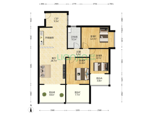 海岸银座花园 3室1厅1卫 97平方