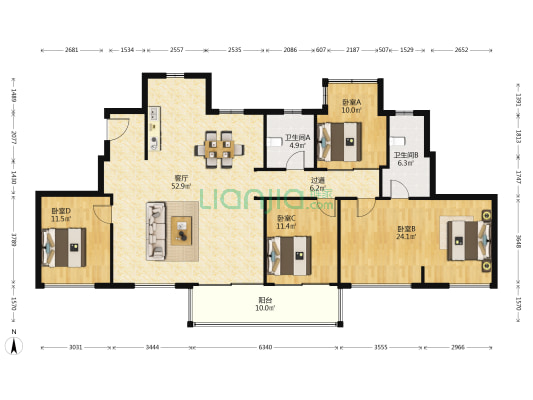 荷岸晓风 4室1厅2卫 166平方