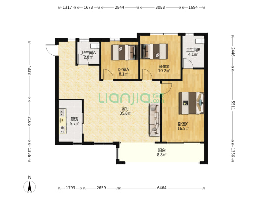 美的绿城凤起兰庭 3室1厅2卫 109平方