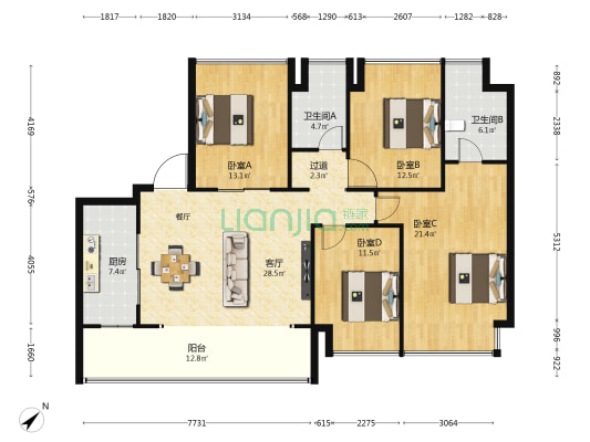 金地鹏达峯范 4室1厅2卫 143平方