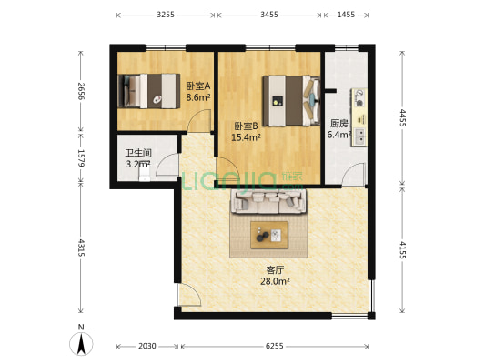 富力花园 2室1厅1卫 91平方