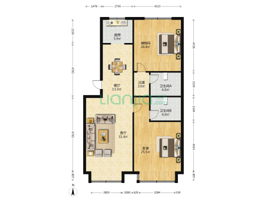 翡翠广场 1室2厅2卫 129平方