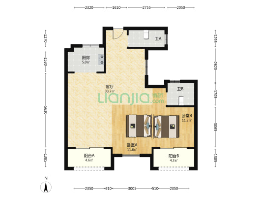 嘉鸿名苑 2室1厅2卫 98平方