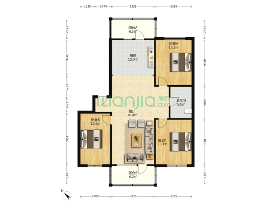 沿河路 3室1厅1卫 120平方