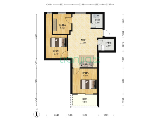 嘉信花园 3室1厅1卫 73平方