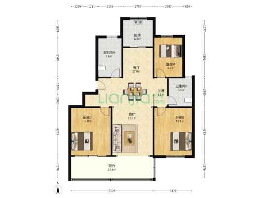 兰亭苑 3室2厅2卫 140平方