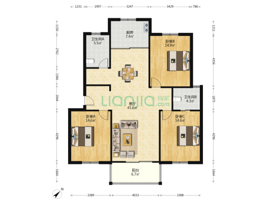 北海花园南区 3室1厅2卫 132平方