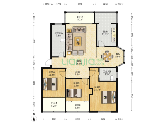 越厦花园 3室2厅2卫 134平方