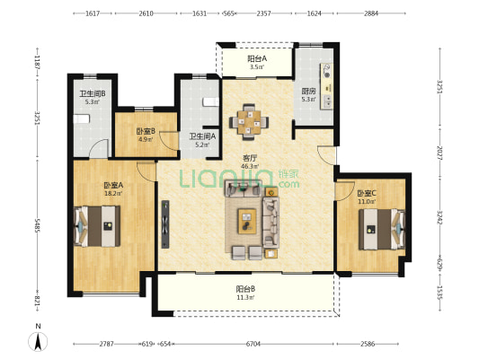 澳海云湘赋 3室1厅2卫 129平方