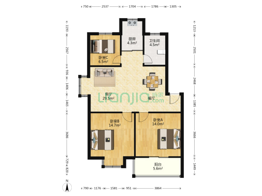 中意花园 3室1厅1卫 98平方