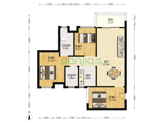 珠江四季悦城一期 3室1厅2卫 95平方