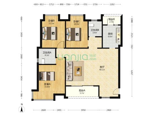 泓博朗诗悦府 3室1厅2卫 137平方