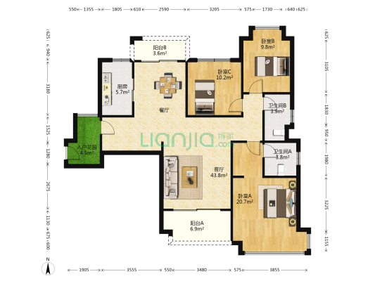 仁恒滨海半岛一期 3室1厅2卫 130平方