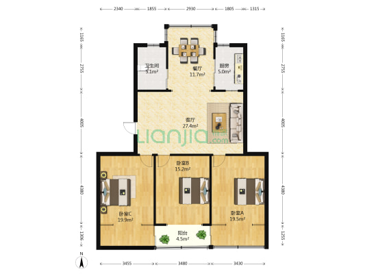 八角亭小区 3室2厅1卫 118平方