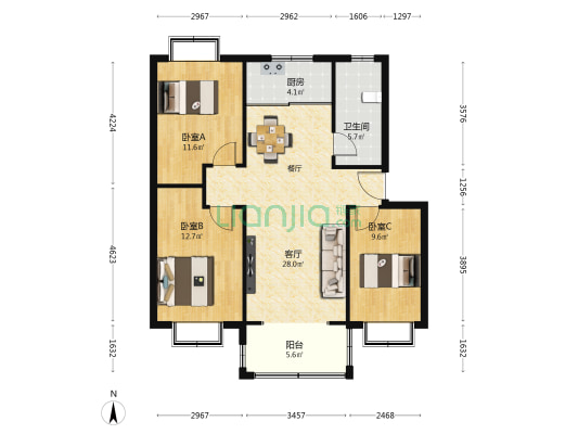 西北村村民还迁住宅楼 3室1厅1卫 98平方