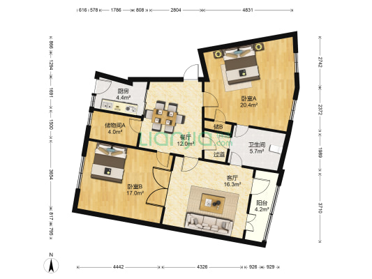 延安公寓(黄浦) 2室2厅1卫 111平方
