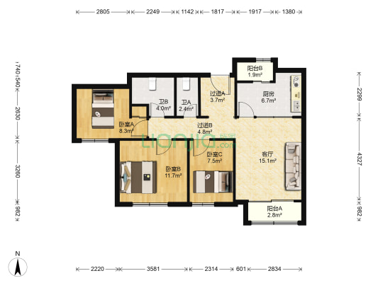 惠灵顿河庭花苑 3室1厅2卫 109平方