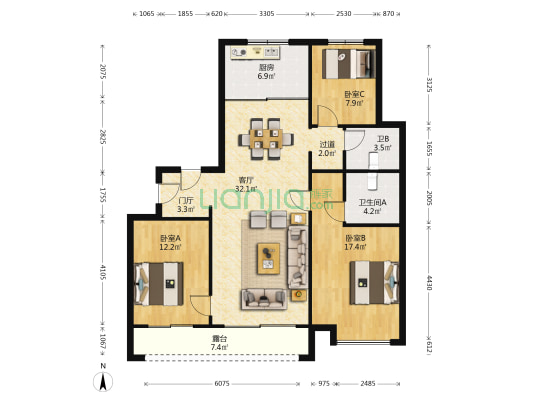 保利和光尘樾 3室1厅2卫 135平方