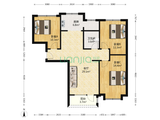 南北通透大三居，采光好，视野好，小区环境好-户型图