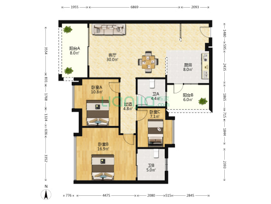民安居 3室1厅2卫 126平方