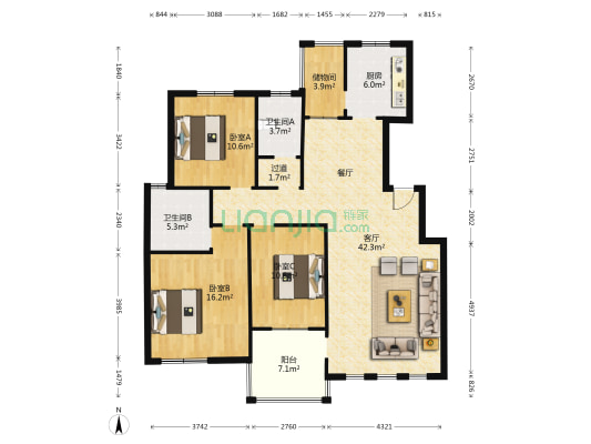 卡诺岛 3室1厅2卫 140平方