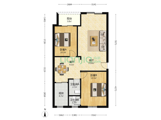 沙河远洋宿舍 2室2厅2卫 76平方