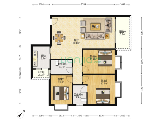 本因坊，宝家园 3室1厅2卫 116平方