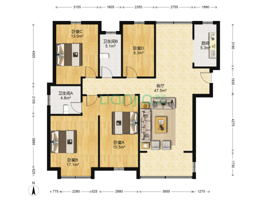 金东花园 4室1厅2卫 133平方