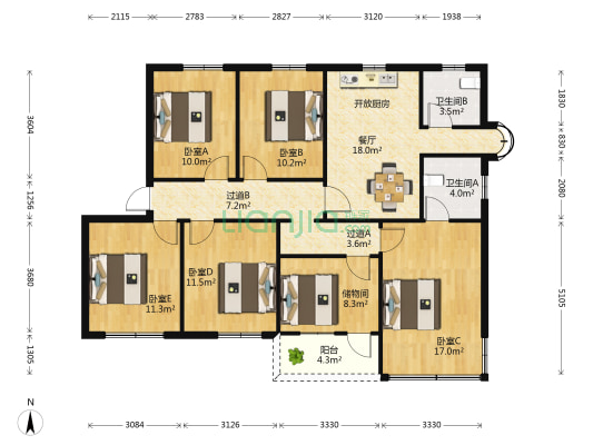 星湖公寓 5室1厅2卫 136平方