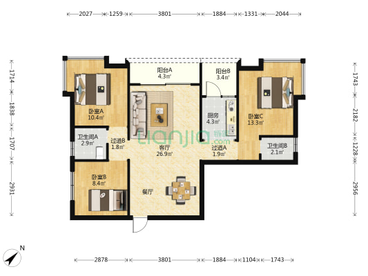 龙塘街2号之五 3室1厅2卫 94平方