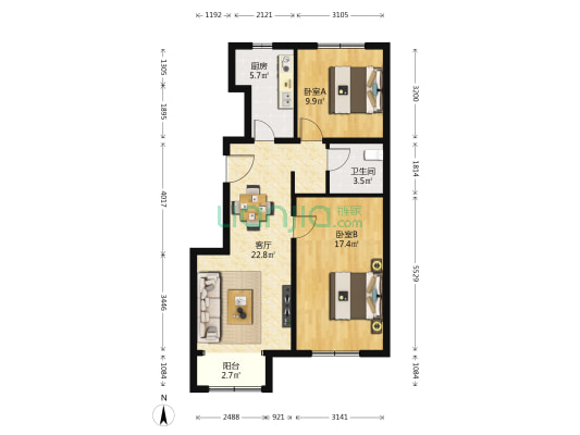 首创·美澜湾D区 2室1厅1卫 89平方