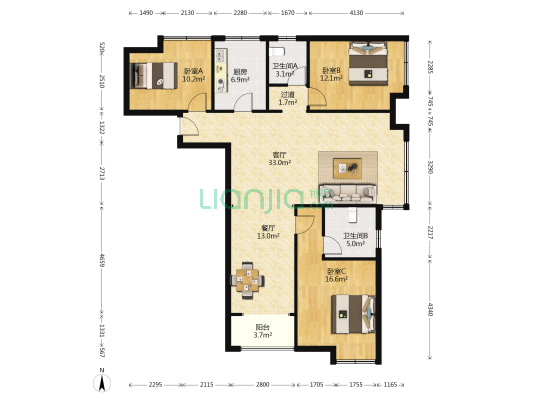 绿地公馆雅园 3室2厅2卫 136平方
