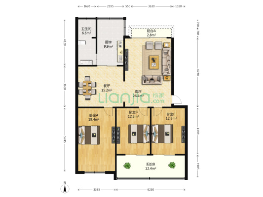 张家祠 3室2厅1卫 100平方