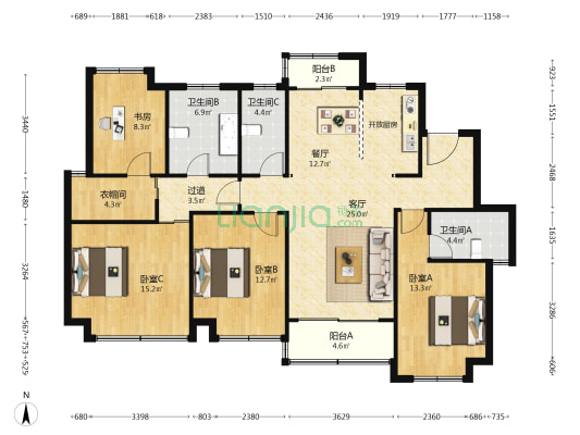 兰香湖雅苑 4室2厅3卫 139平方