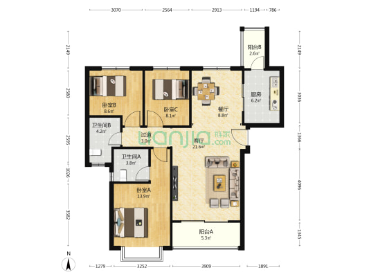 恒大御林园 3室2厅2卫 135平方