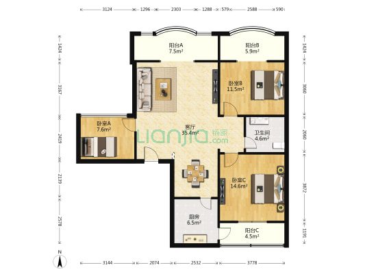 精典四季花园 3室1厅1卫 123平方