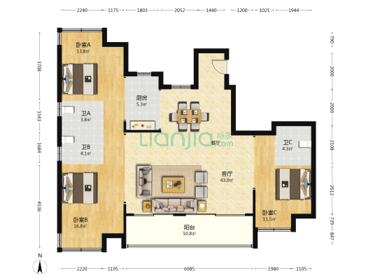 榕发江墘云筑 3室1厅3卫 141平方