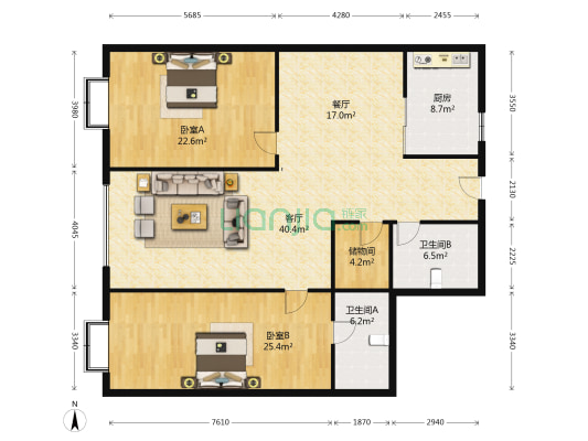 太阳大厦 2室2厅2卫 170平方