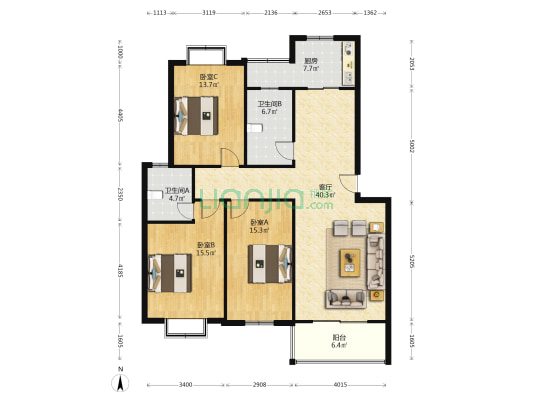 世纪花园(丰县) 3室1厅2卫 132平方