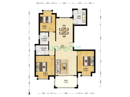 玉栊苑雅园 3室1厅2卫 126平方