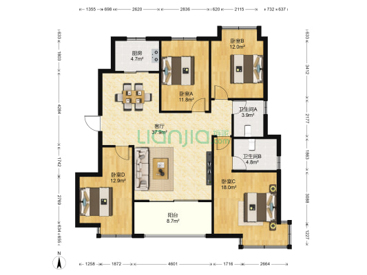 朗贤加州溪谷 4室1厅2卫 124平方