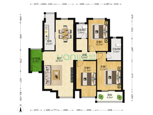 联发杏林湾一号一期 3室1厅2卫 134平方