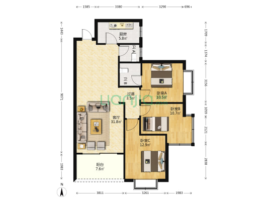 龙翔·文曲新座 3室1厅2卫 108平方