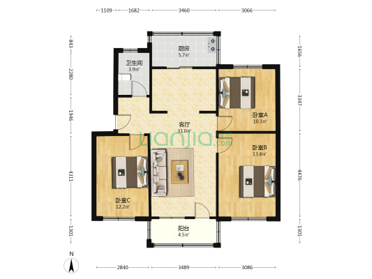 中院家属院 3室1厅1卫 91平方