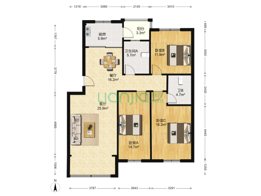 东城华园 3室2厅2卫 122平方