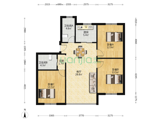 宝通家园 3室1厅2卫 127平方