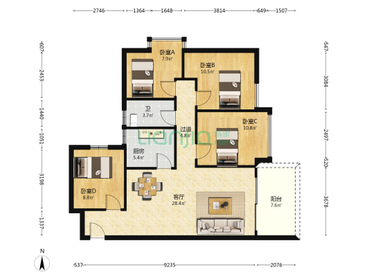 幸福魔方二期 4室1厅1卫 96平方