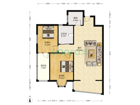 新新花园 2室1厅1卫 110平方