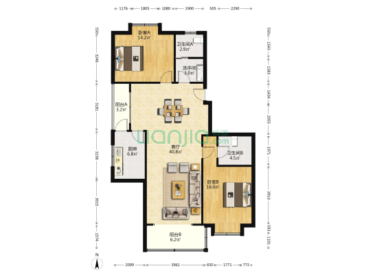 华虹公寓 2室1厅3卫 124平方